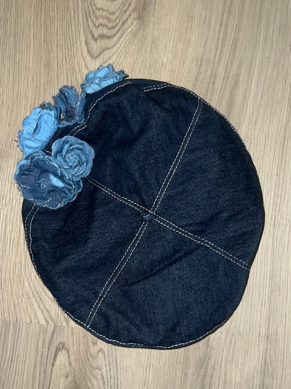 Blue Denim Women's Hat with Floral Accents